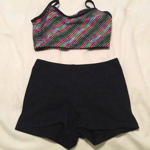 Multi color sports bra w/black stretch body shorts